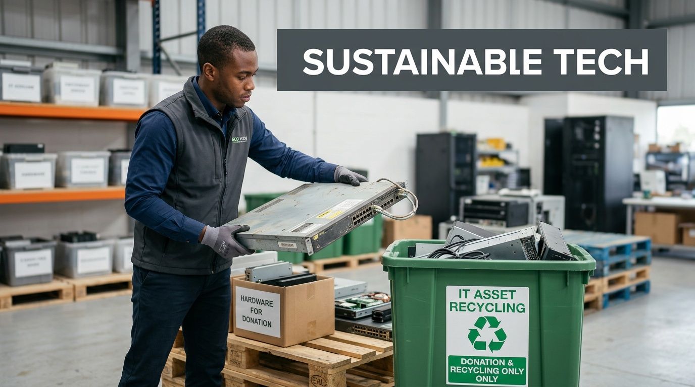 A professional warehouse worker carefully sorting old network hardware into a designated IT asset recycling bin.