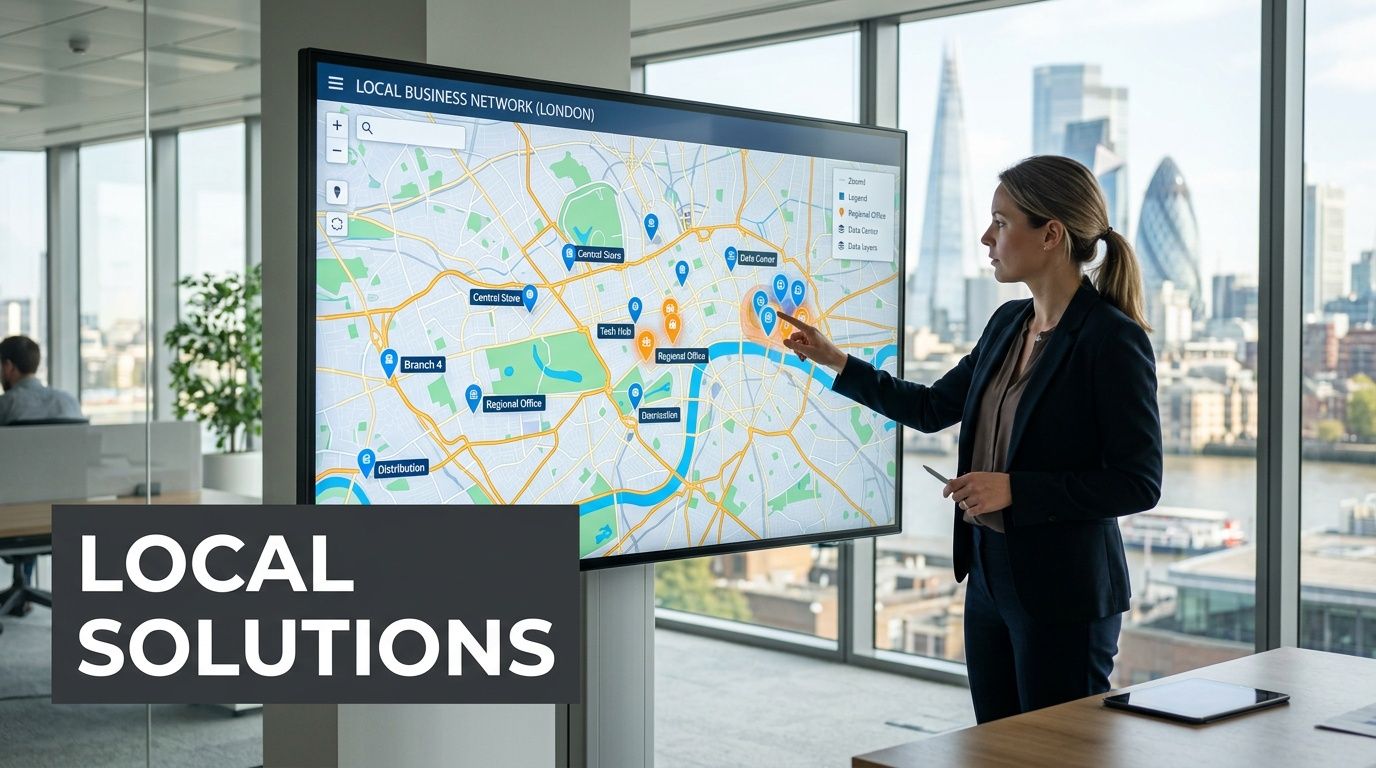 A professional woman presenting a digital network map on a large touchscreen monitor in an office.