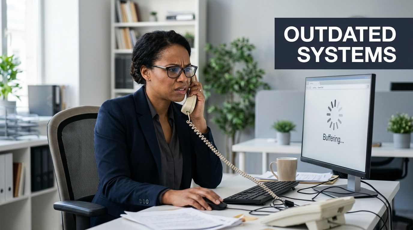 A professional woman looking frustrated while on a phone call as her computer screen shows a buffering icon.