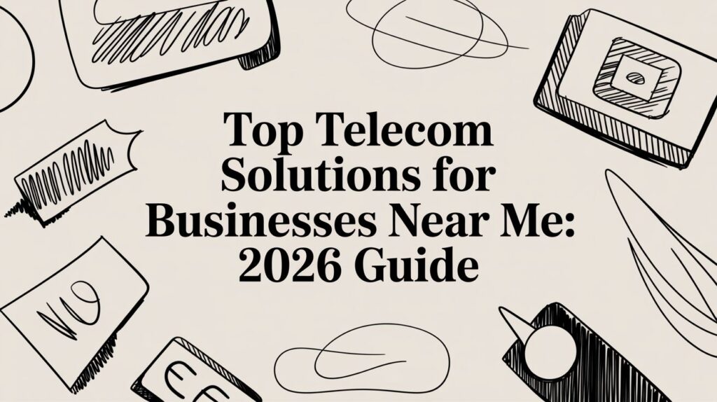 Text reads “Top Telecom Solutions for Businesses Near Me: 2026 Guide” over a beige background with black sketched telecom-related objects like SIM cards, cables, and radio towers.