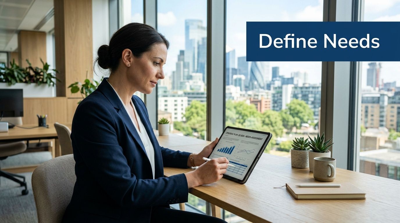 A businesswoman in a suit reviews financial data on her tablet at a desk overlooking the city.
