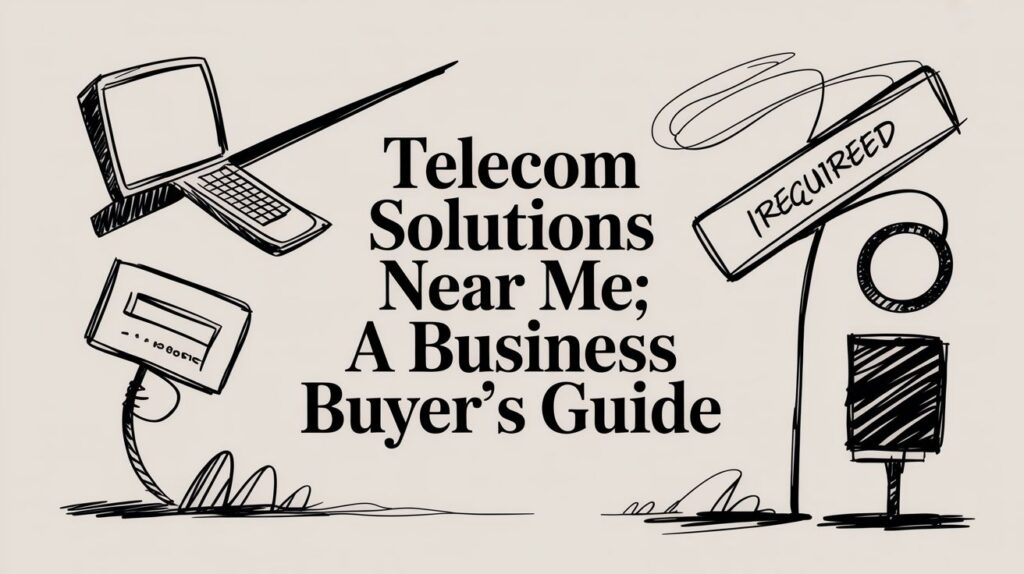 Sketch-style image with a computer, phone, and telecom devices around the text: "Telecom Solutions Near Me; A Business Buyer’s Guide". One sign reads "Required.