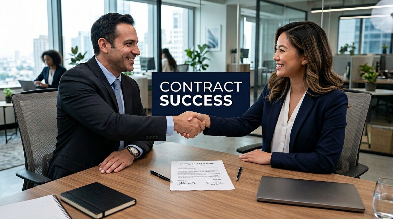 A professional man and woman shaking hands over a business contract in a bright, modern office.