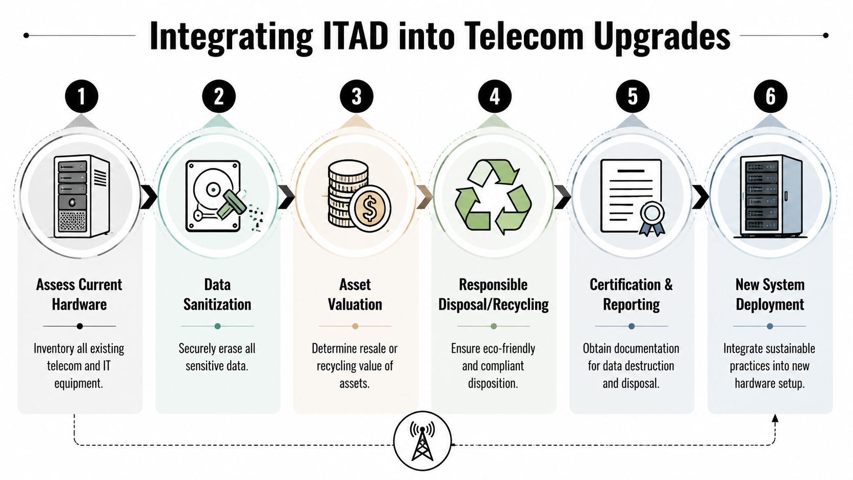 A six-step infographic illustrating the ITAD process for managing telecom equipment upgrades and sustainable hardware disposal.