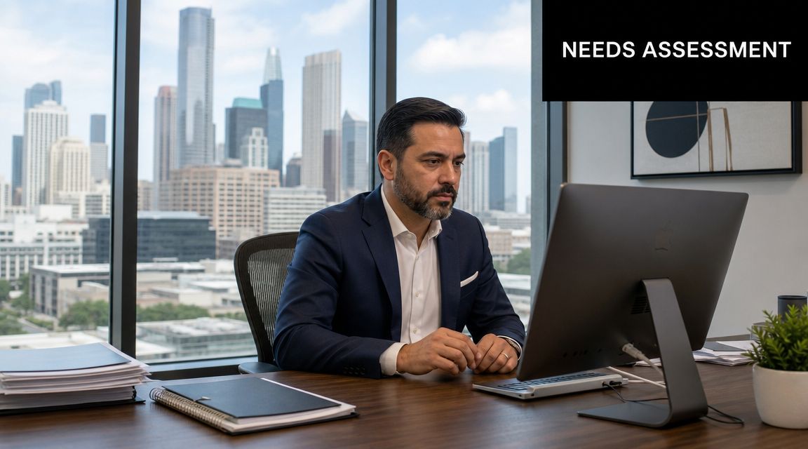 A professional businessman in a suit reviewing documents on a computer at his office desk.