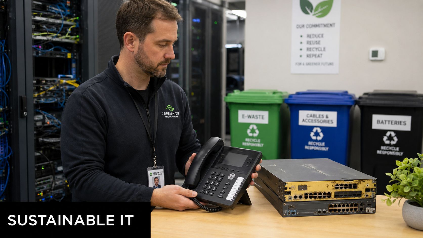 A technician holding a VoIP phone in a data center with recycling bins for electronic waste.