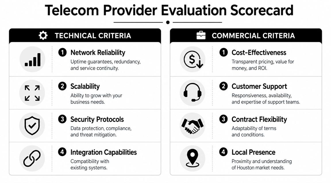 A scorecard for evaluating telecom providers using technical criteria and commercial criteria for business decision making.