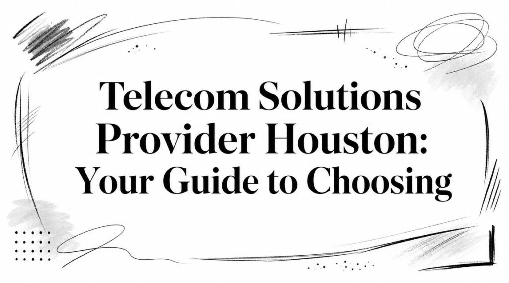 Text displays "Telecom Solutions Provider Houston: Your Guide to Choosing" on white with black sketches.