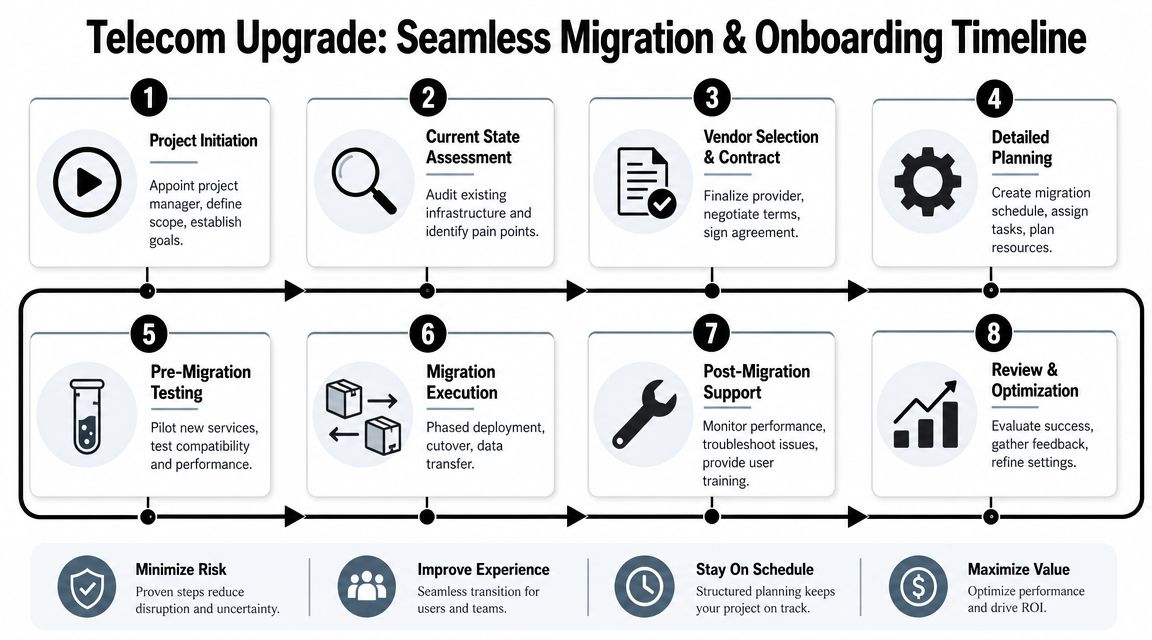 A professional infographic outlining an eight-step telecom upgrade project timeline from initiation to final optimization.