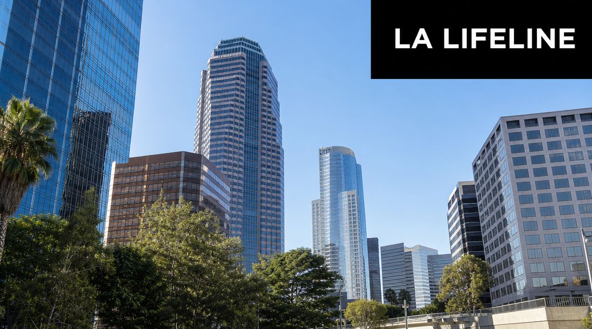 Modern skyscrapers and urban city buildings rise above green trees against a clear blue Los Angeles sky.