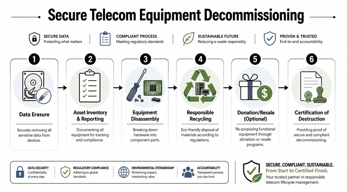 A diagram illustrating a six-step process for secure and sustainable telecom equipment decommissioning and data destruction services.