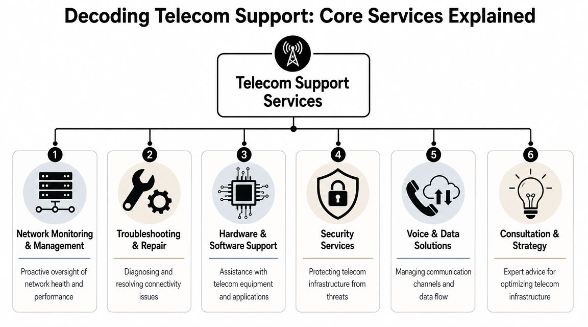 A diagram outlining six core telecom support services including network management, security, and strategic consulting.