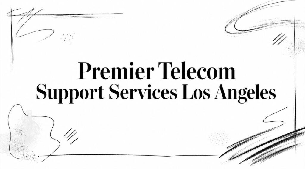 Text on a white background reads “Premier Telecom Support Services Los Angeles,” surrounded by abstract black lines and brushstroke designs in the corners.
