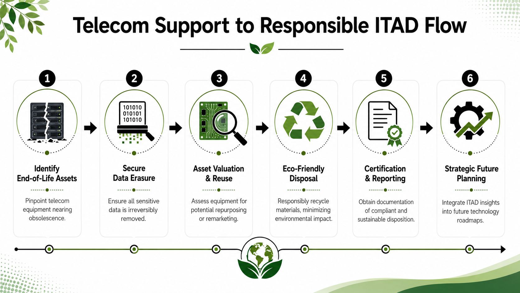 A six-step infographic detailing the responsible ITAD flow for telecommunications equipment from asset identification to future planning.