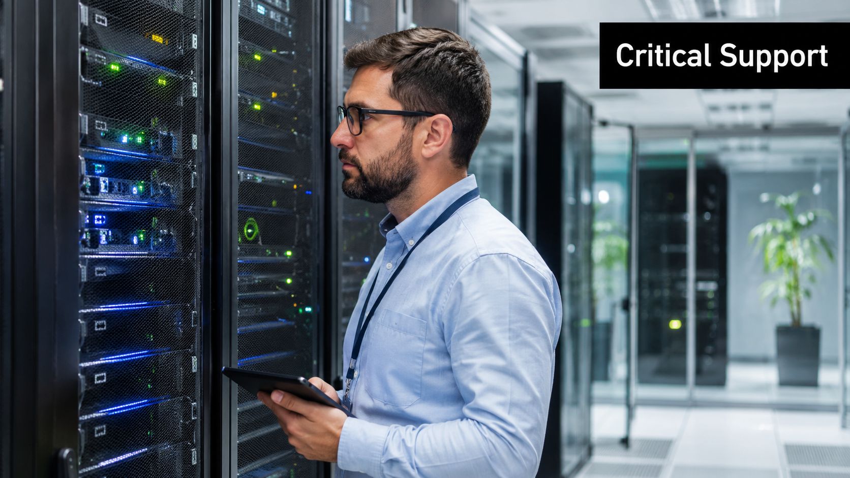 A professional IT technician examining server equipment in a modern data center with a tablet in hand.