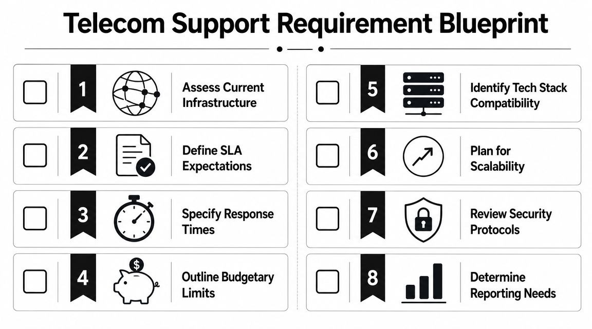 A checklist titled Telecom Support Requirement Blueprint with eight steps for planning telecom infrastructure and services.