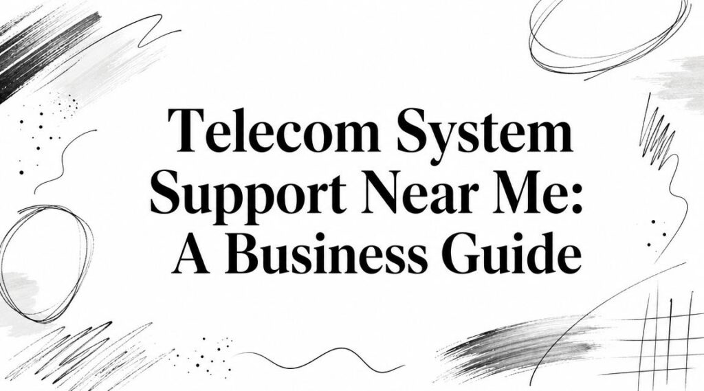 Text on a white background reads, "Telecom System Support Near Me: A Business Guide," with abstract black and gray sketch-like designs around the edges.