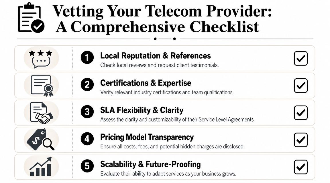 An infographic checklist for vetting telecom service providers covering reputation, certifications, SLA terms, pricing, and scalability.