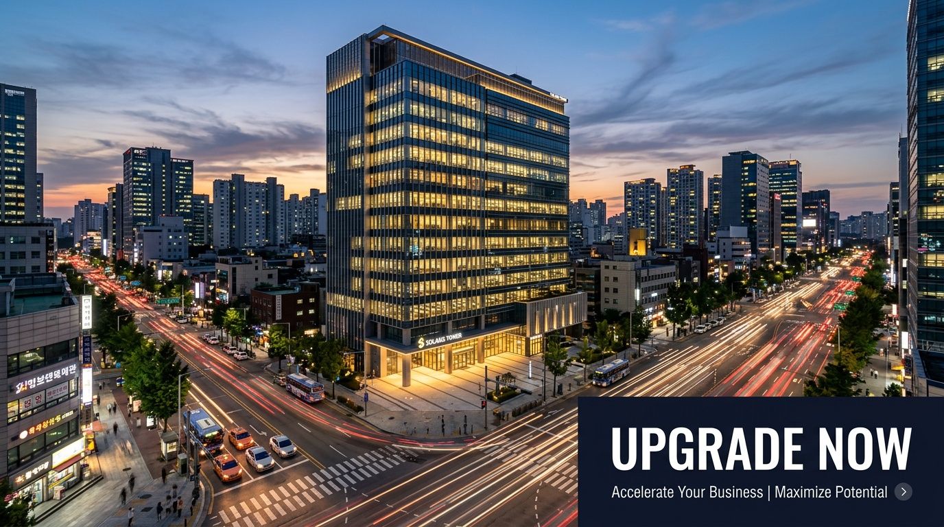 A modern, illuminated Solaris Tower office building at twilight surrounded by busy city streets and traffic.