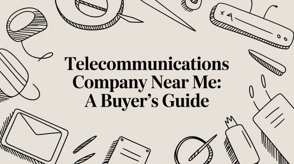 Hand-drawn office supply illustrations frame the text "Telecommunications Company Near Me: A Buyer's Guide" in bold black font on a light background.