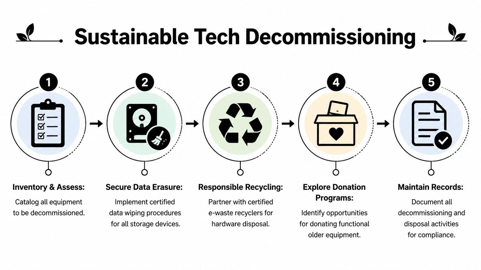 A five-step infographic titled Sustainable Tech Decommissioning, outlining the process for ethical electronics disposal.
