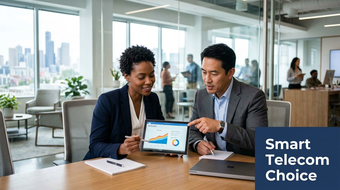 A professional man and woman discussing business growth charts on a tablet in a modern Chicago office.