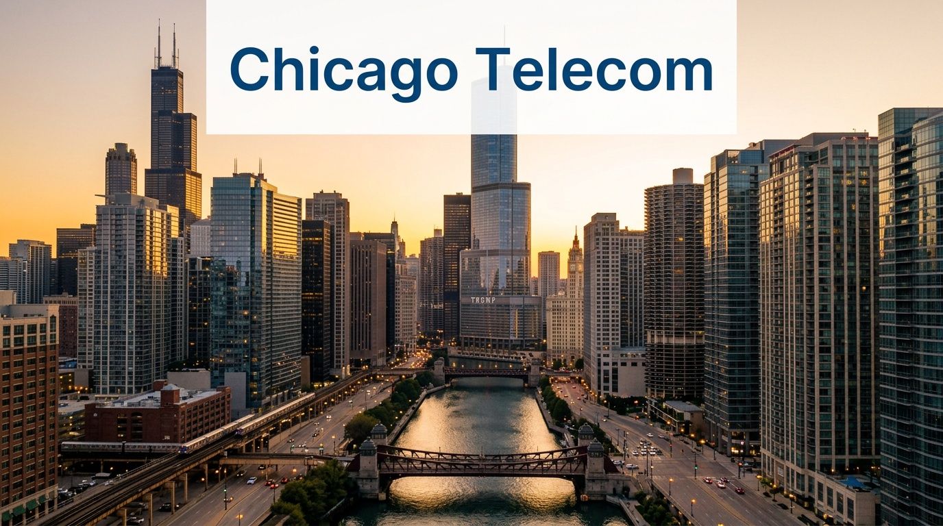 An aerial view of the Chicago skyline at sunset featuring high-rise buildings along the Chicago River.