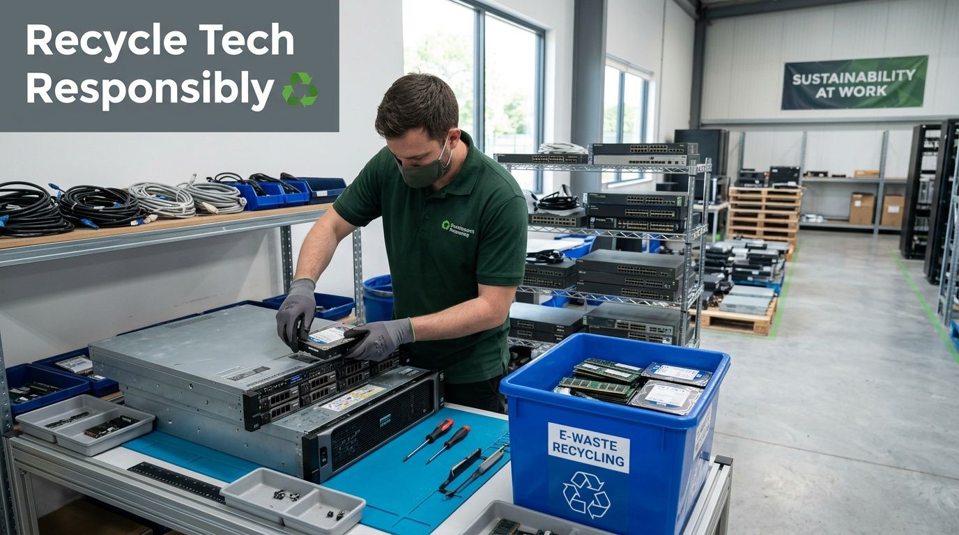 A technician wearing a mask and gloves processes hardware components at a professional e-waste recycling facility.