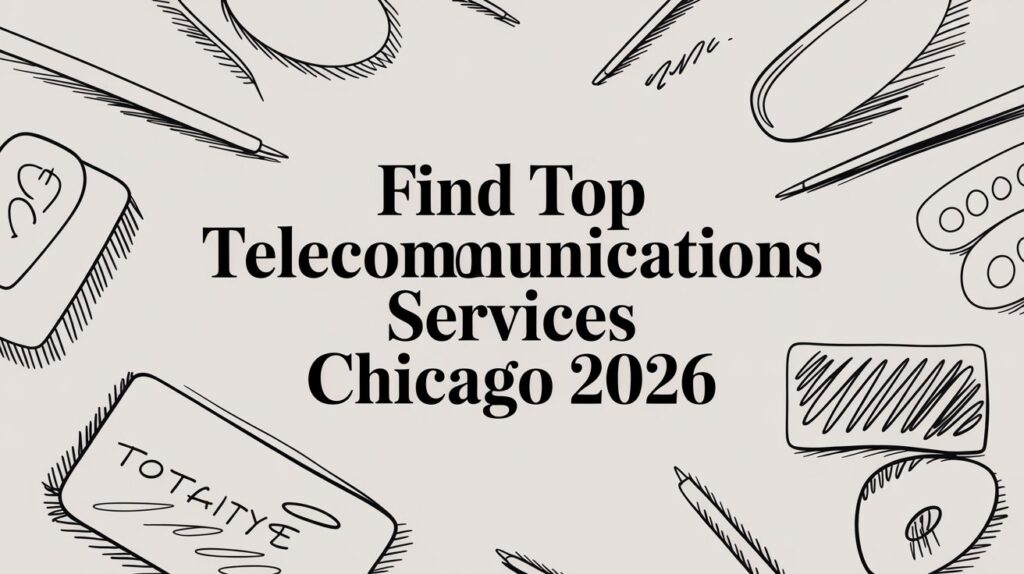 Text reads "Find Top Telecommunications Services Chicago 2026" in bold letters, surrounded by sketched office items like pens, paper, and a calculator on a light background.