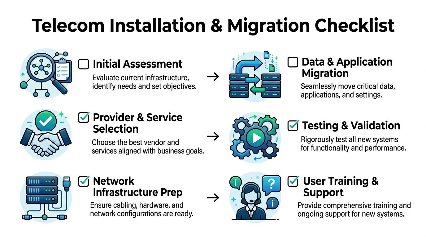 A checklist graphic illustrating six key steps for telecom installation and system migration processes.