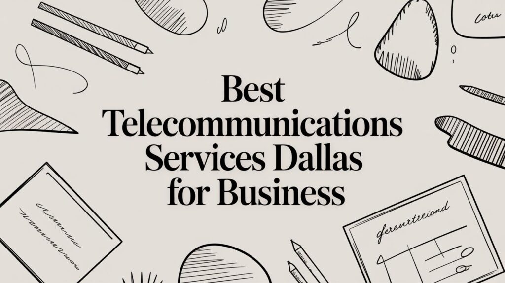 Black text reading “Best Telecommunications Services Dallas for Business” surrounded by doodles of pencils, papers, and abstract shapes on a light background.