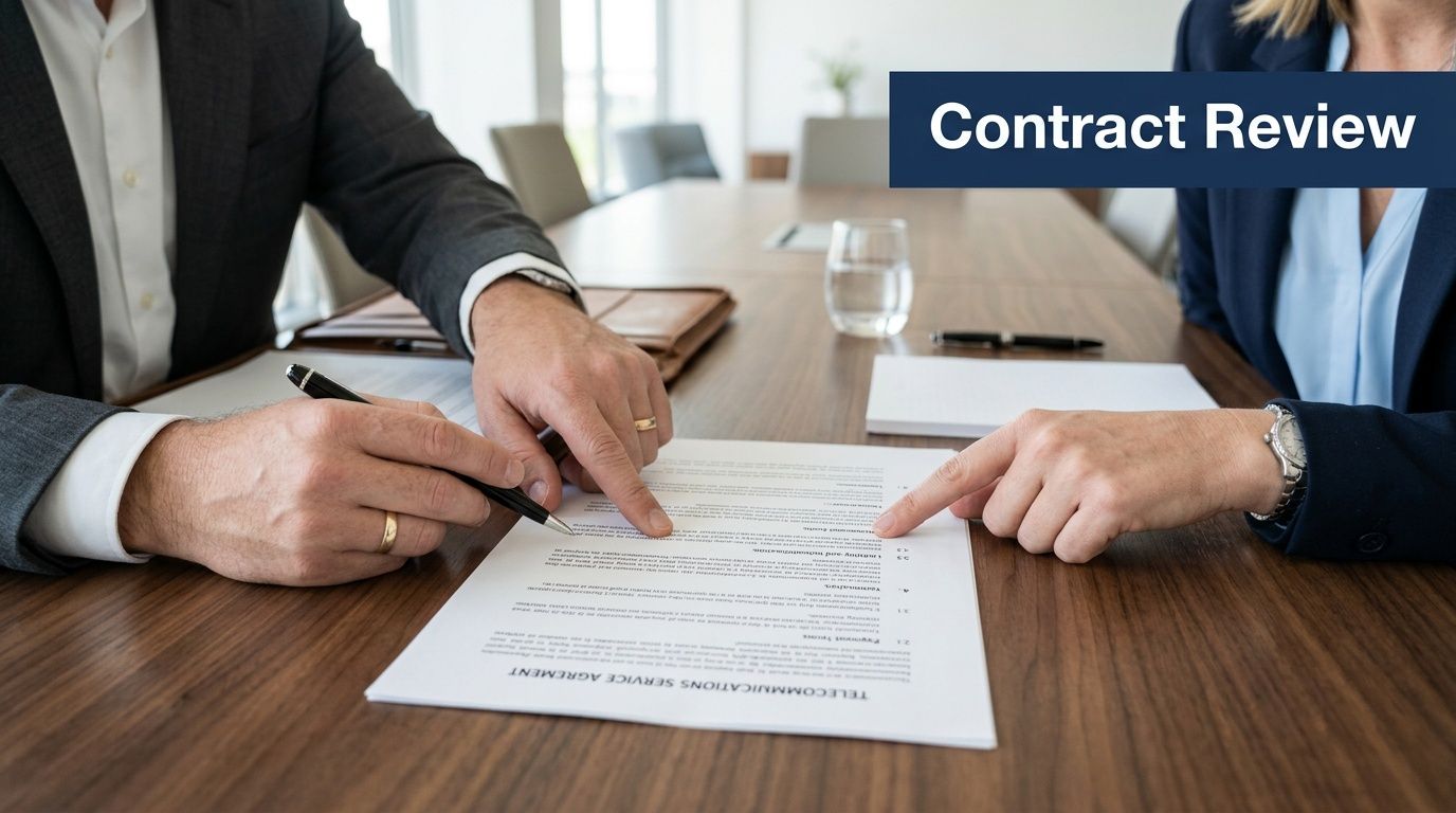 A professional man and woman reviewing a telecommunications service agreement document together at a wooden office desk.