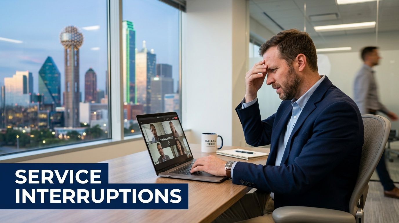A frustrated businessman sitting at a desk with a laptop displaying a connectivity error in a Dallas office.