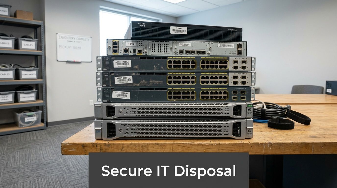 A stack of Cisco and HP network equipment sitting on a wooden desk for IT asset disposal.
