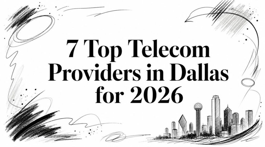 7 Top Telecom Providers in Dallas for 2026" text over abstract background with Dallas skyline sketch.