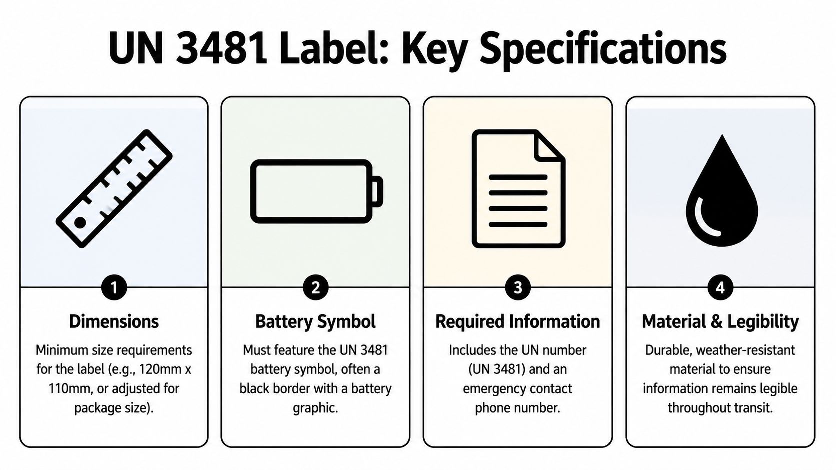 An infographic detailing the four key specifications for UN 3481 lithium battery shipping labels.