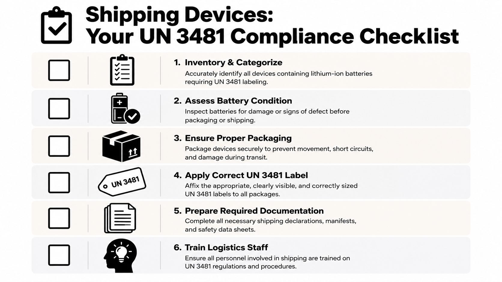 A checklist infographic titled Shipping Devices Your UN 3481 Compliance Checklist with six steps for battery shipping.