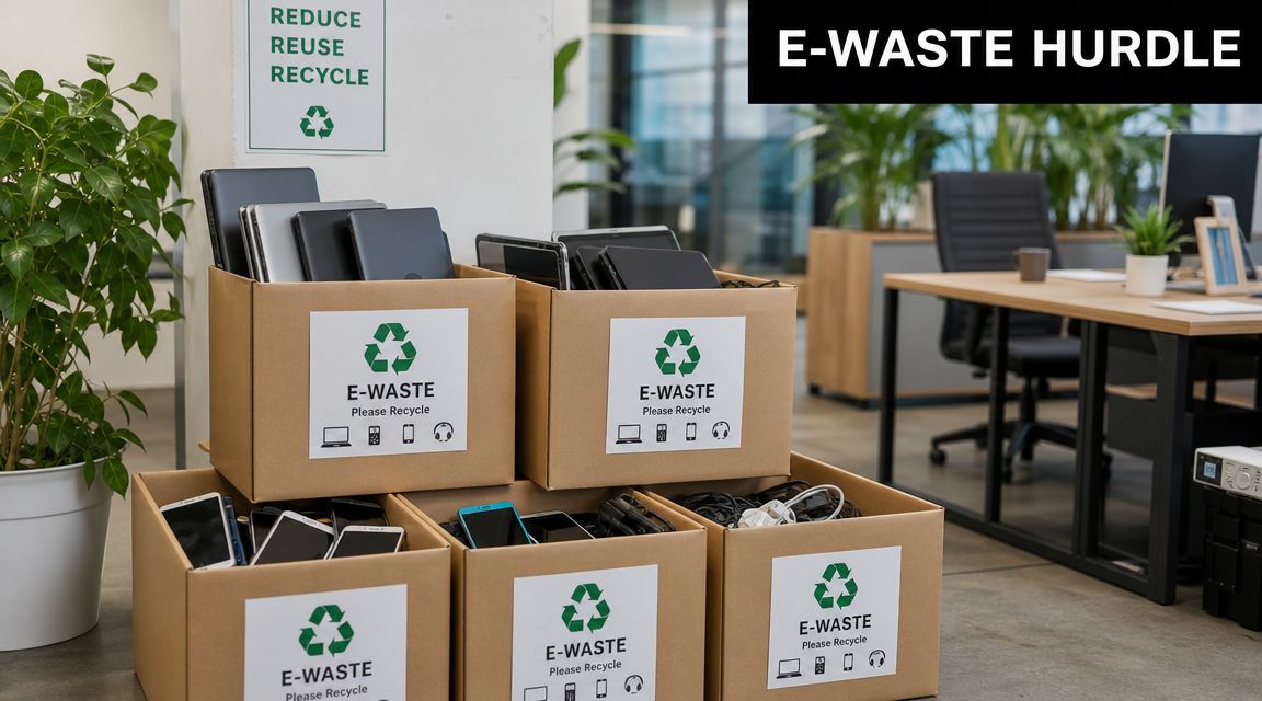 Several cardboard boxes labeled for e-waste recycling filled with old laptops, tablets, and smartphones in an office.