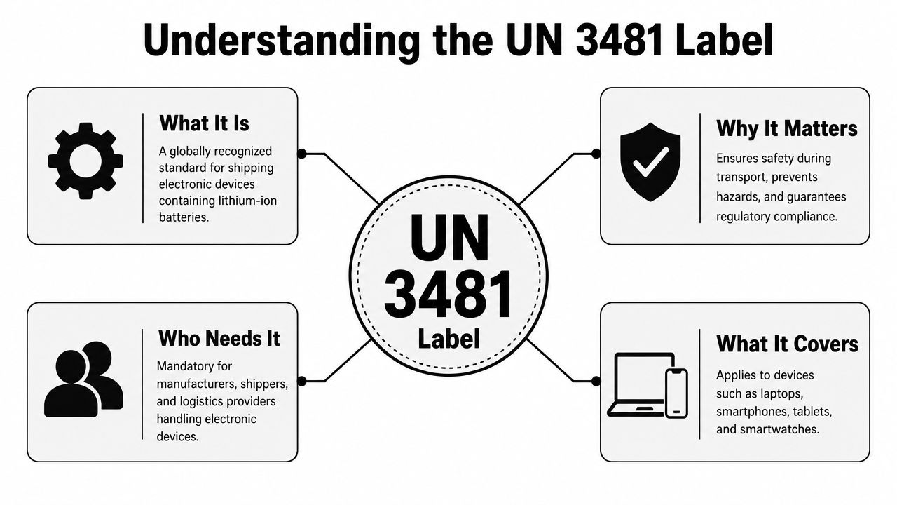 An infographic titled Understanding the UN 3481 Label, explaining its purpose, requirements, importance, and covered electronic devices.
