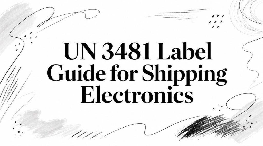 UN 3481 Label Guide for Shipping Electronics shown on a white background with abstract black sketches.