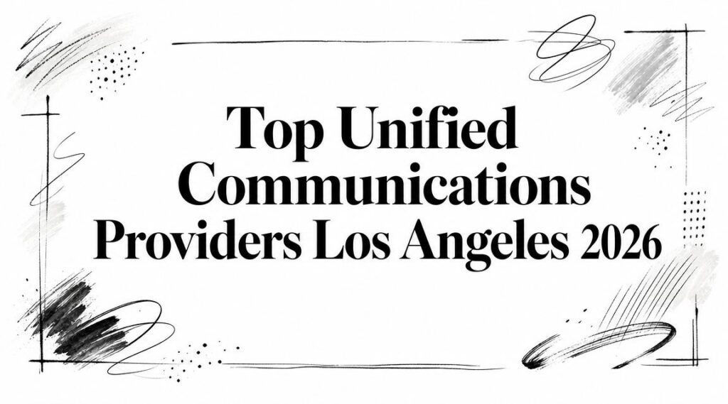 The image shows "Top Unified Communications Providers Los Angeles 2026" text with black abstract borders.
