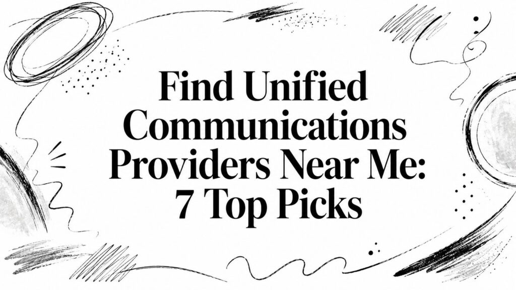 Text reads: “Find Unified Communications Providers Near Me: 7 Top Picks” in bold, black font on a white background with abstract black and gray sketch designs around the edges.