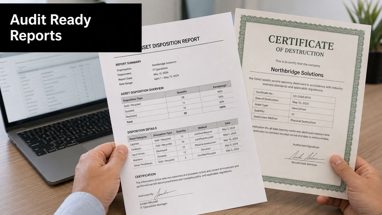A professional holding an asset disposition report and a certificate of destruction for audit compliance.