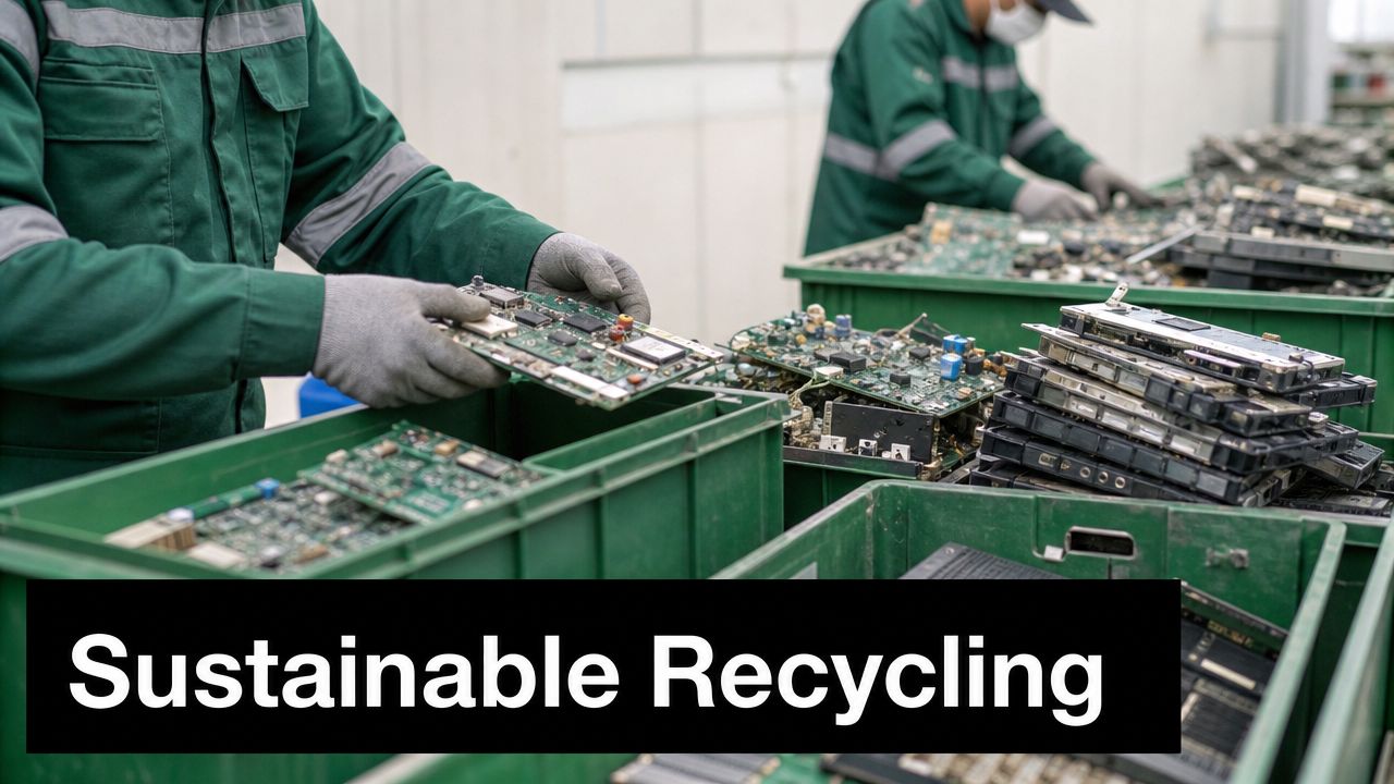 Workers in green uniforms handling electronic circuit boards for sustainable recycling in a factory facility.