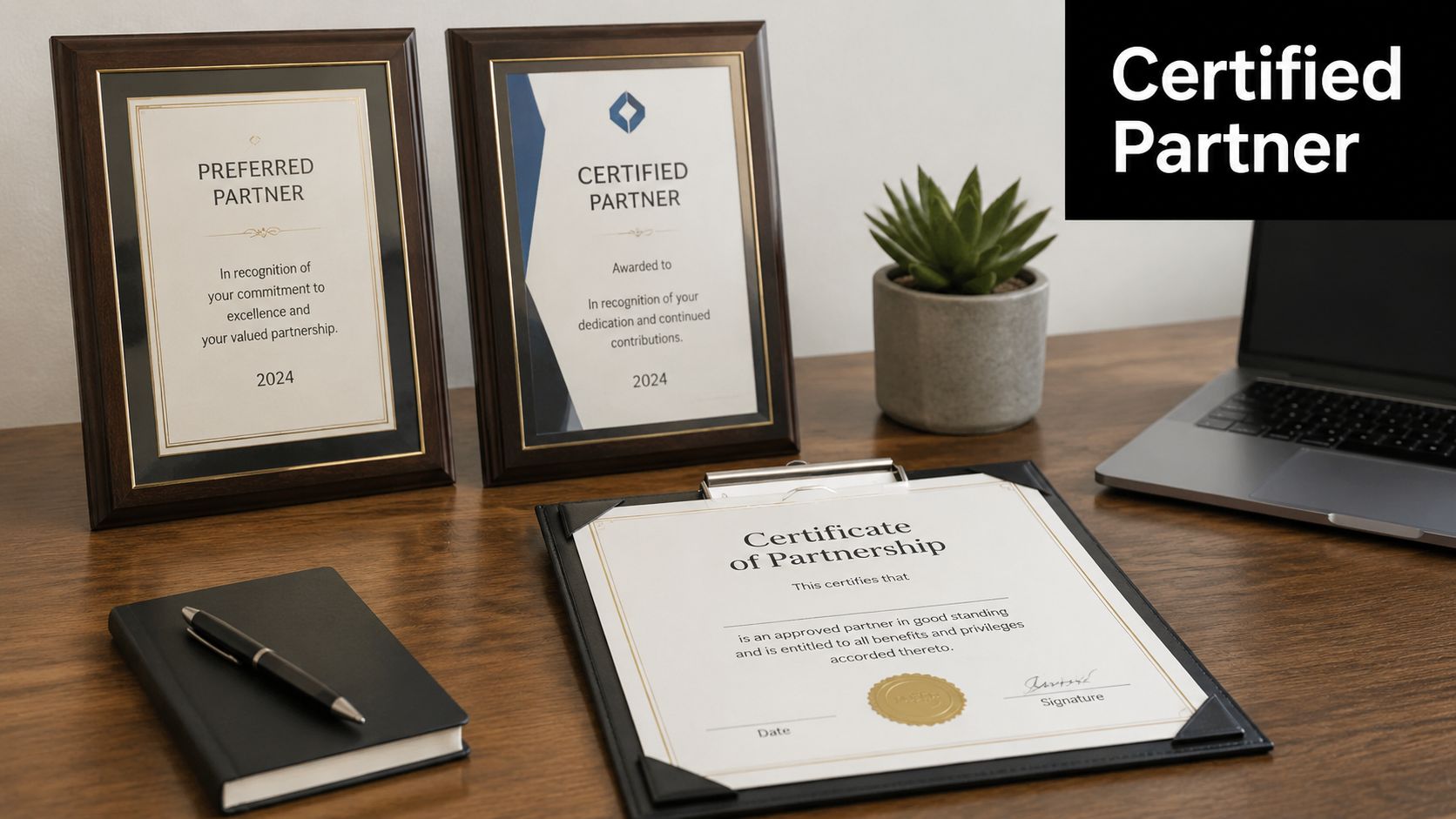 A professional desk featuring partnership certificates, a notebook with a pen, and a laptop computer.