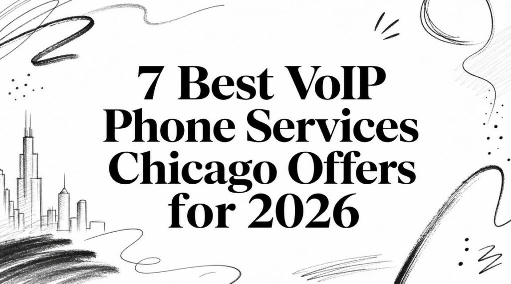 Text reads: "7 Best VoIP Phone Services Chicago Offers for 2026" on a white background with abstract black lines, stars, and a simple city skyline illustration.