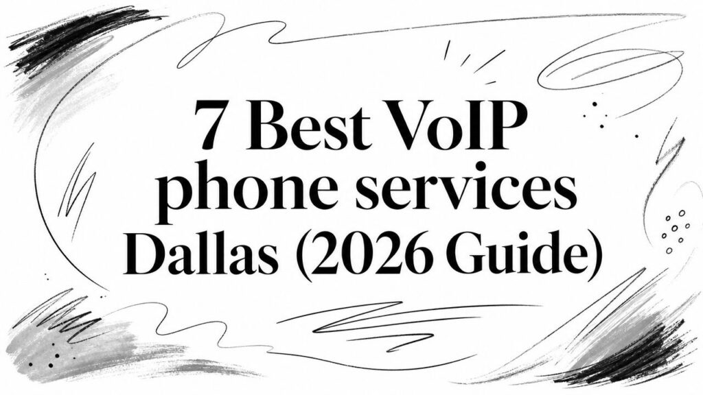 Text graphic with black brushstroke accents reads: "7 Best VoIP phone services Dallas (2026 Guide)" on a white background.