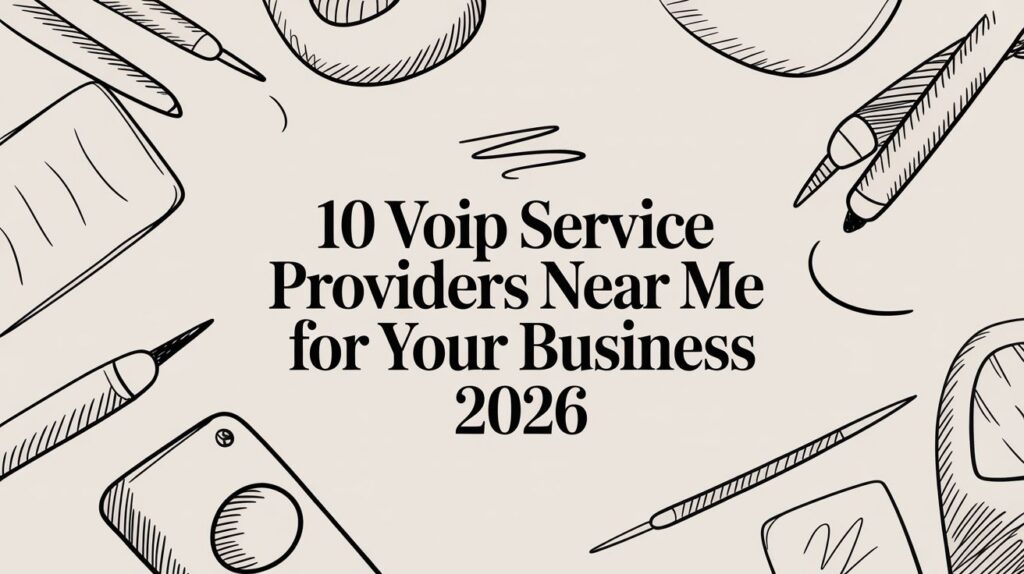 Text "10 VoIP Service Providers Near Me for Your Business 2026" in bold font, surrounded by hand-drawn office supplies like pens, a smartphone, a notepad, and paper clips on a light background.