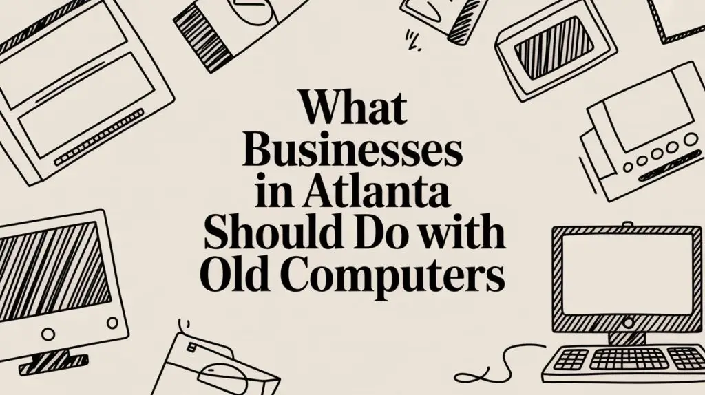 Black text reads "What Businesses in Atlanta Should Do with Old Computers" surrounded by illustrations of various old computer monitors and equipment on a beige background.