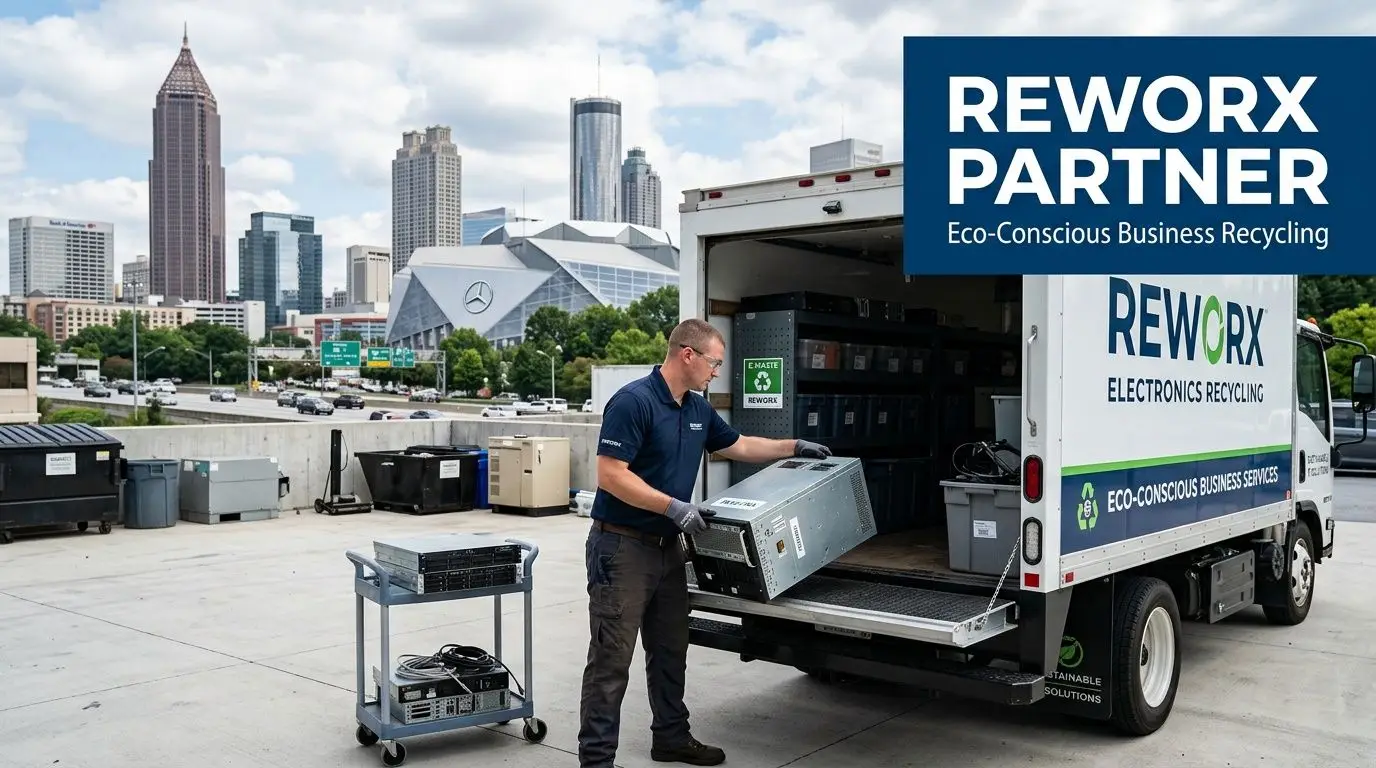 A professional REWORX employee unloading old computer servers from a recycling truck with the Atlanta skyline background.
